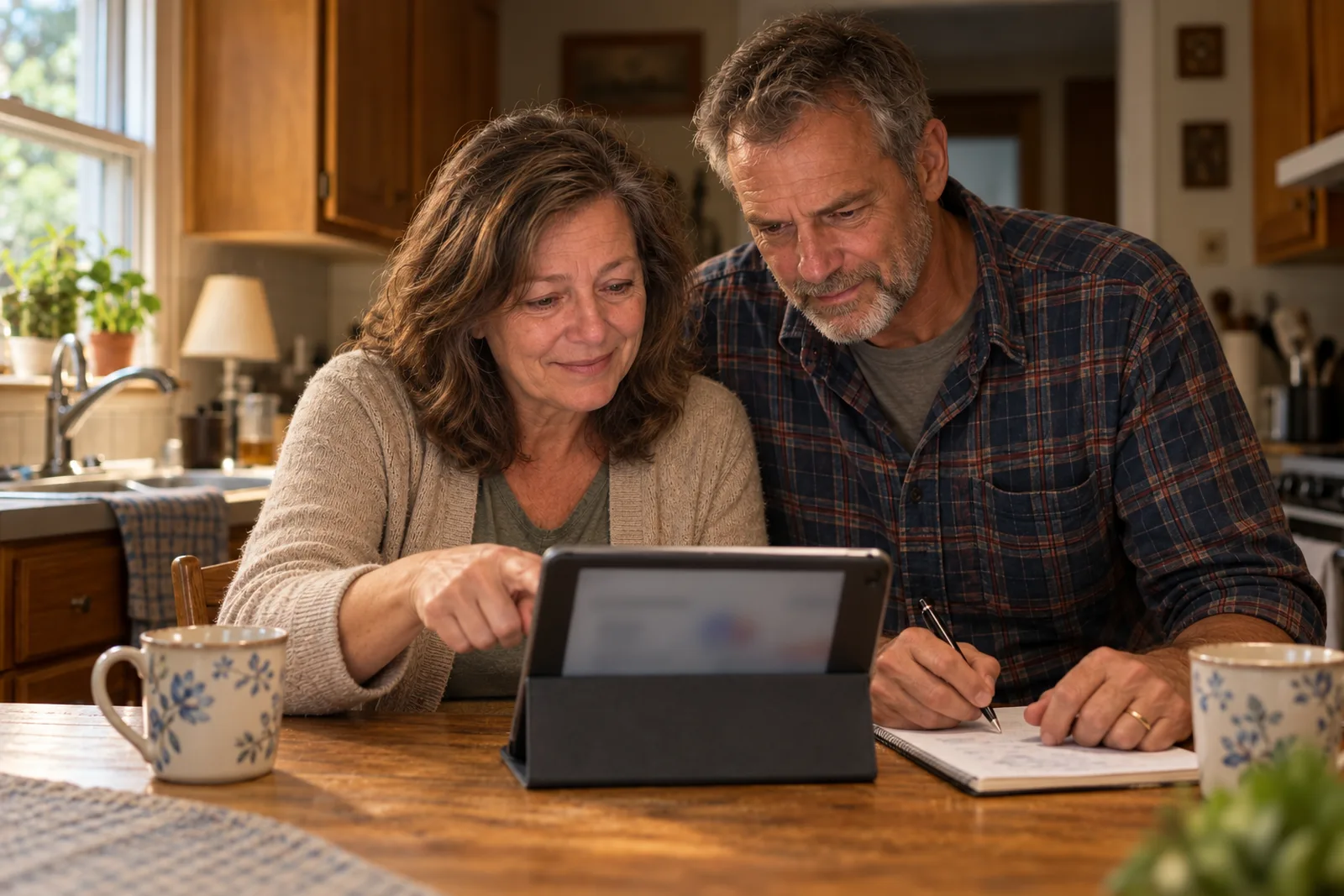 The couple at their kitchen table in the morning, working through a plan on a tablet