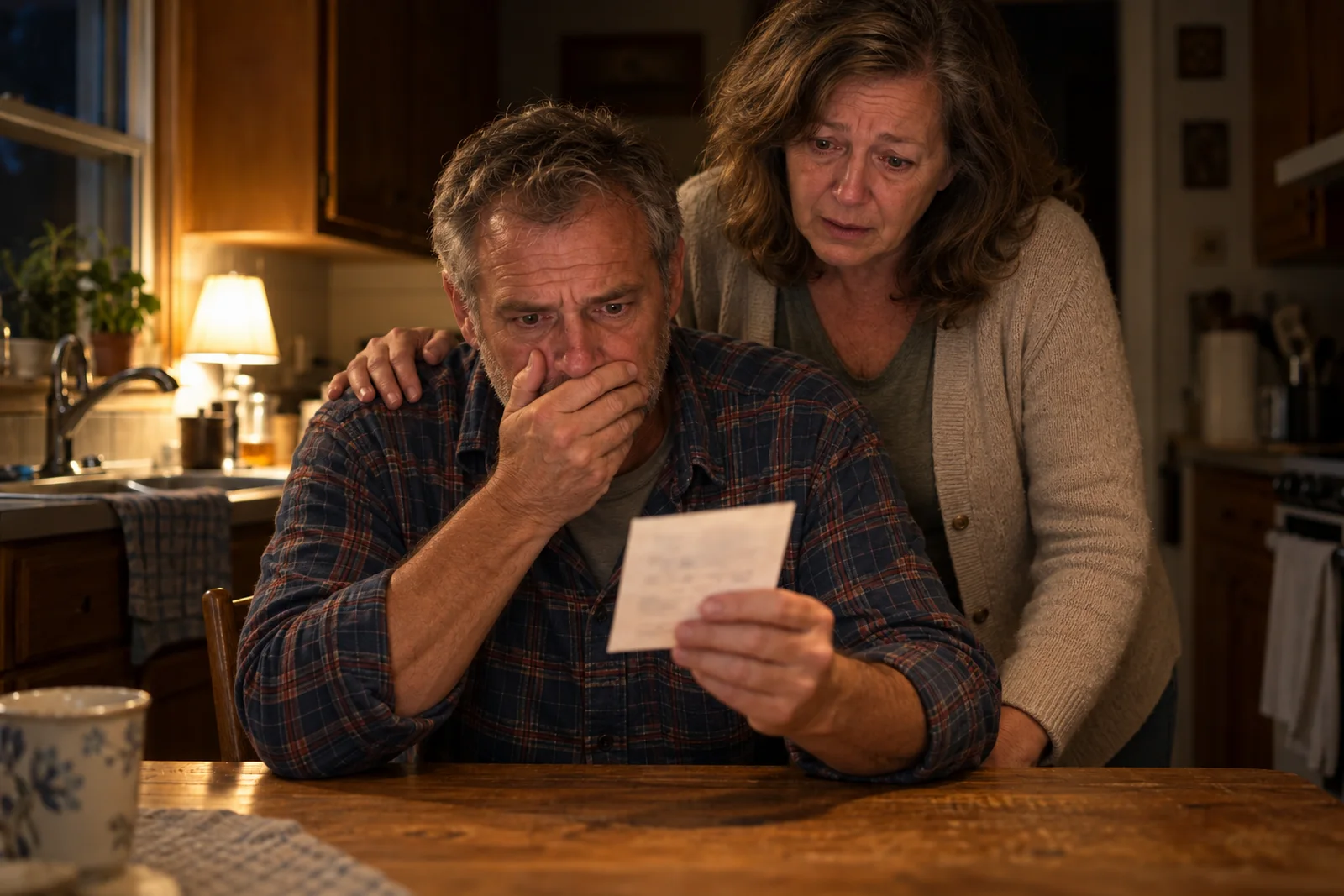 A man at his kitchen table late at night, stunned by a winning ticket, his wife behind him