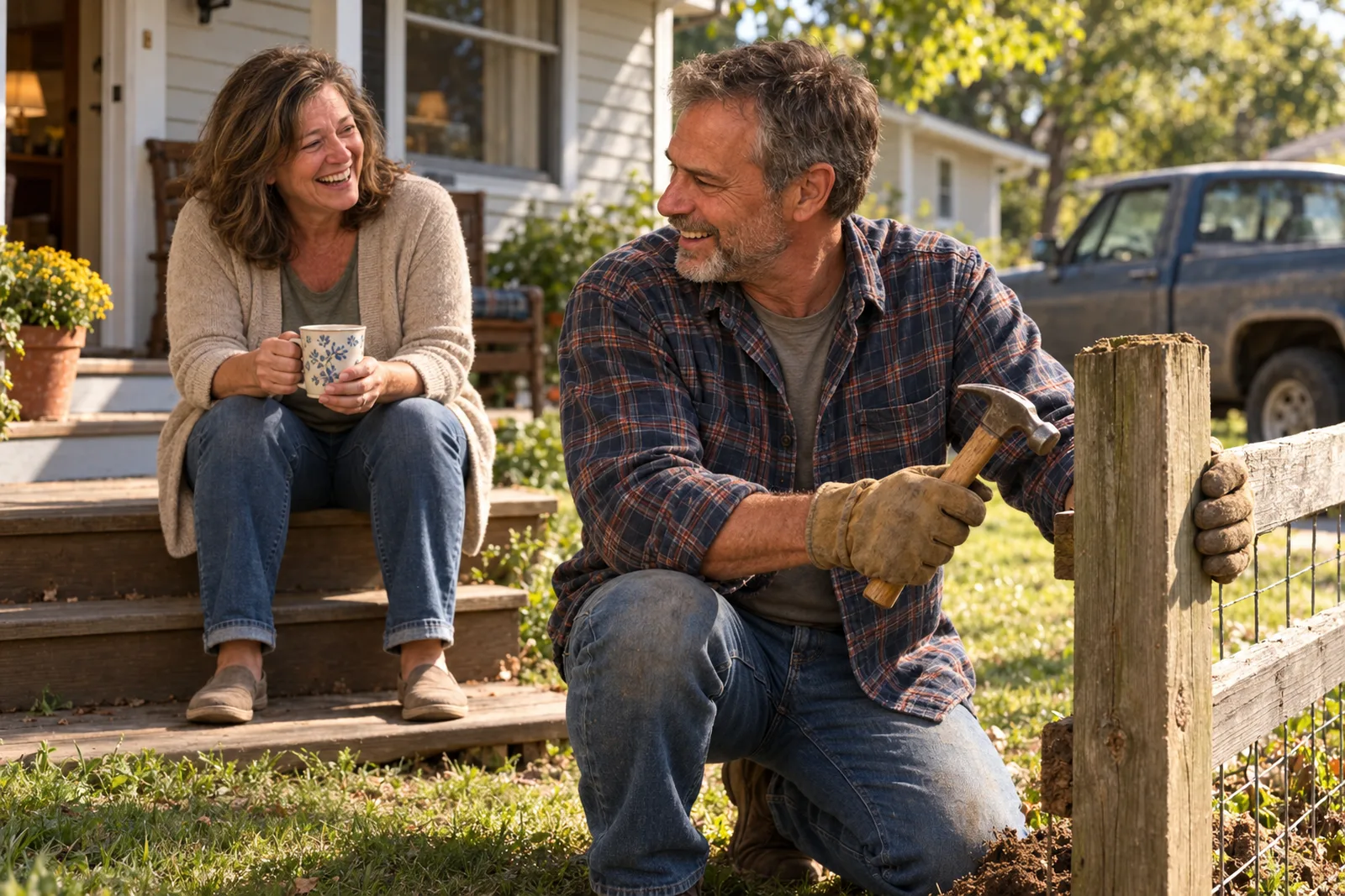 The same couple a year later, laughing outside their same modest house