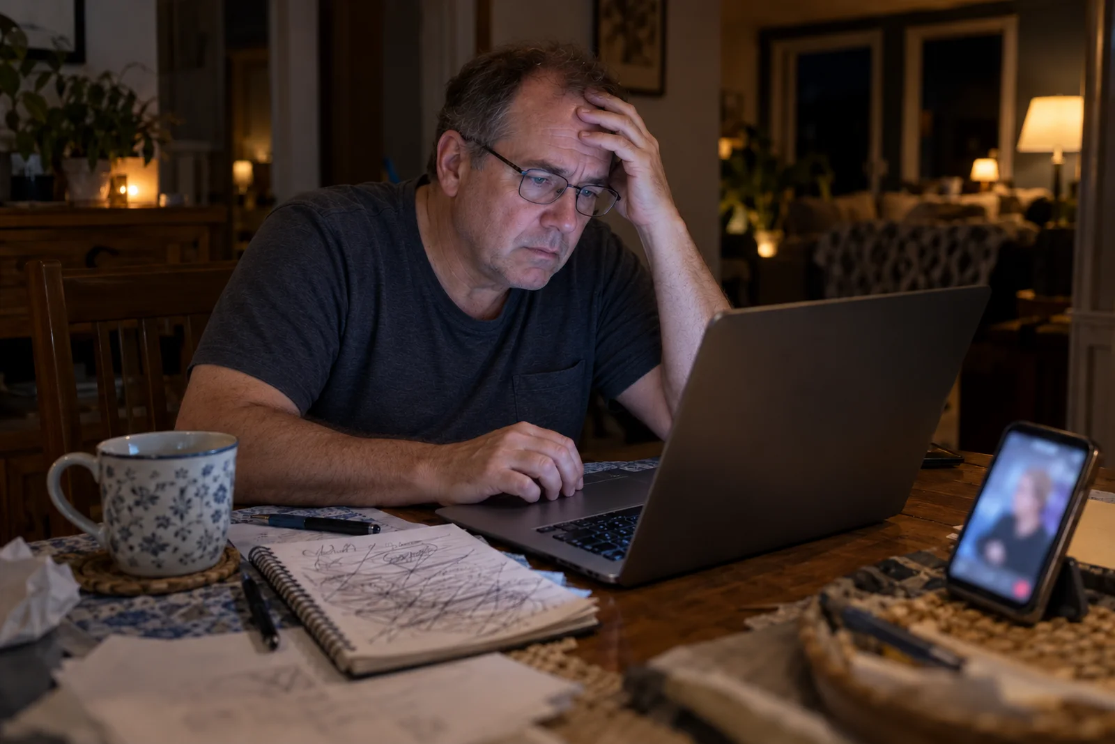 A man at his laptop at 1 a.m., overwhelmed by conflicting advice