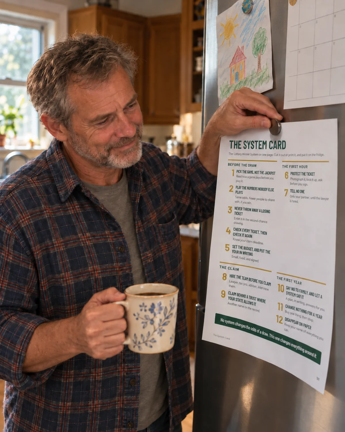 A man sticking the printed System Card onto his kitchen fridge